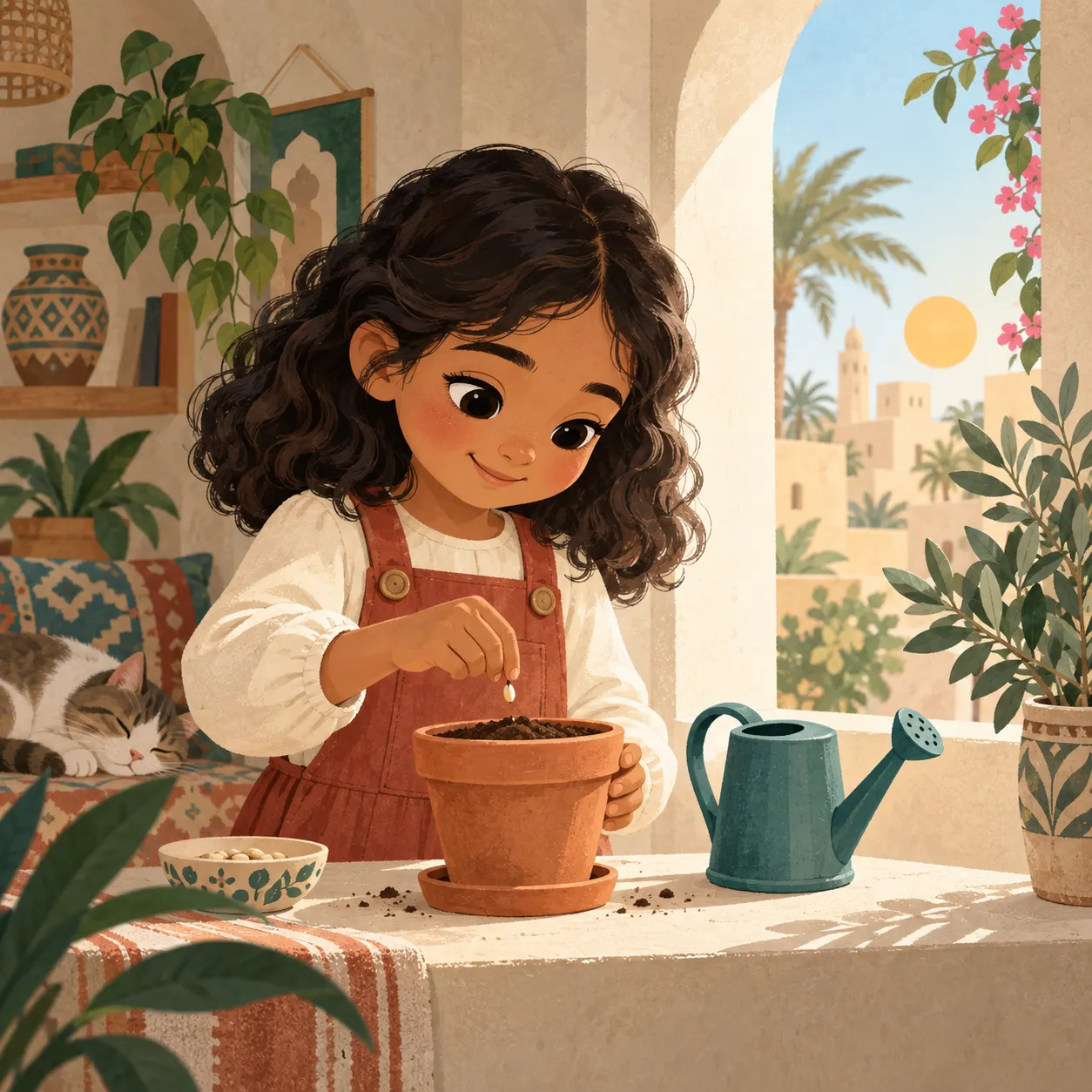 ليان تزرع بذرة في أصيص قرب نافذة مضيئة.